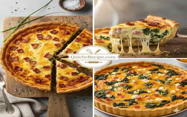 Ham and cheese quiche with diced ham and melted cheddar in a deep-dish pastry shell