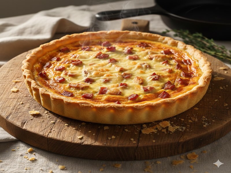 Golden-brown Quiche Lorraine fresh from the oven with crispy bacon and melted Gruyère visible through the custard