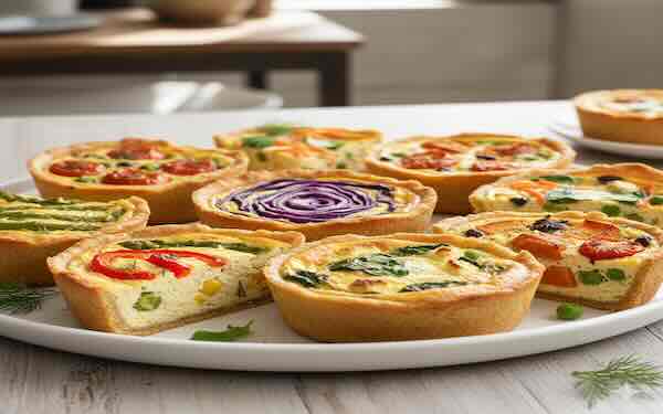 Golden mini quiches arranged on white serving platter with various colorful fillings visible