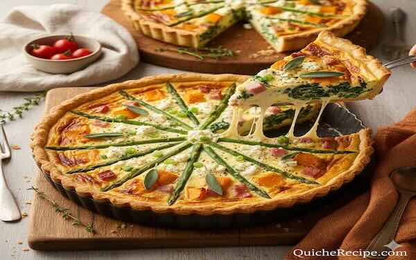 Roasted pumpkin and sage quiche with caramelized pumpkin cubes and crispy sage leaves on a golden custard