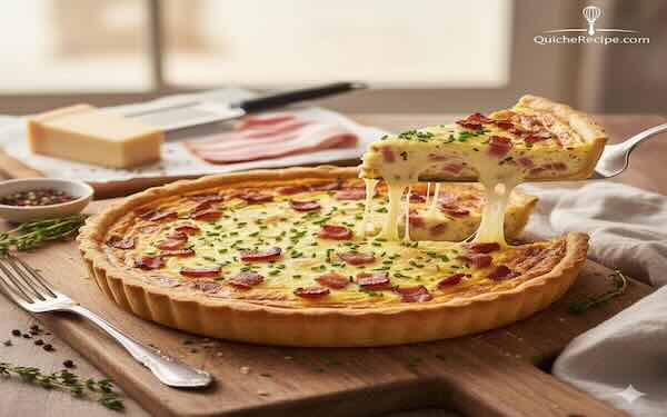Sliced Quiche Lorraine showing layers of smoky bacon, Gruyère, and silky egg custard in a golden crust